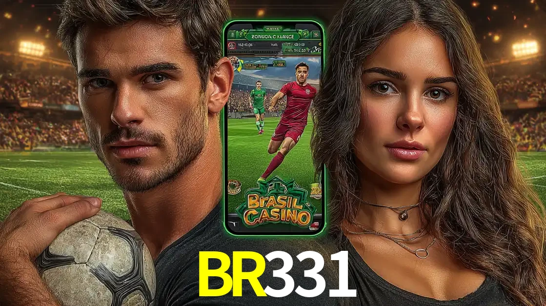 Homem segurando uma bola de futebol e uma mulher ao lado de um smartphone exibindo o jogo de apostas esportivas da BR331. Faça seu palpite no cassino online.